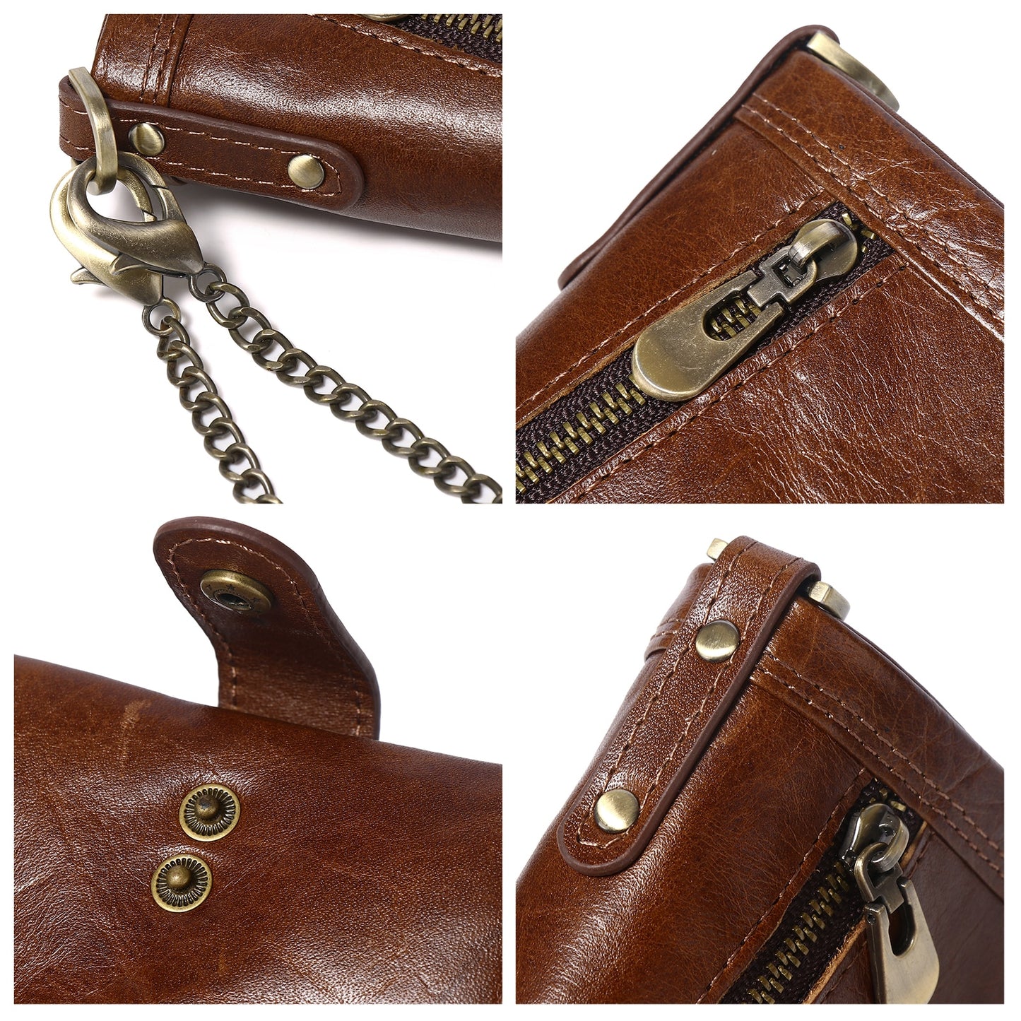 Leather Men Wallet with Anti-Theft Chain,Genuine Leather RFID Bifold Wallets Multifunctional Card Holder Minimalist Purse Zipper