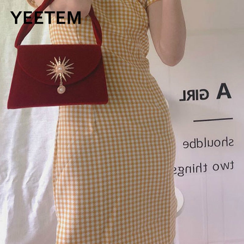 Velvet Portable Retro Small Square Bag Handbag Cross Bag Small Bag Shoulder Bag With Bag Banquet Women's Bag Purse