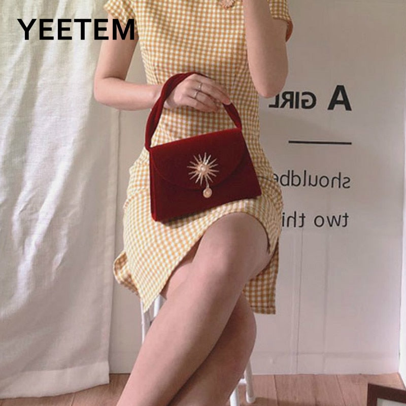 Velvet Portable Retro Small Square Bag Handbag Cross Bag Small Bag Shoulder Bag With Bag Banquet Women's Bag Purse