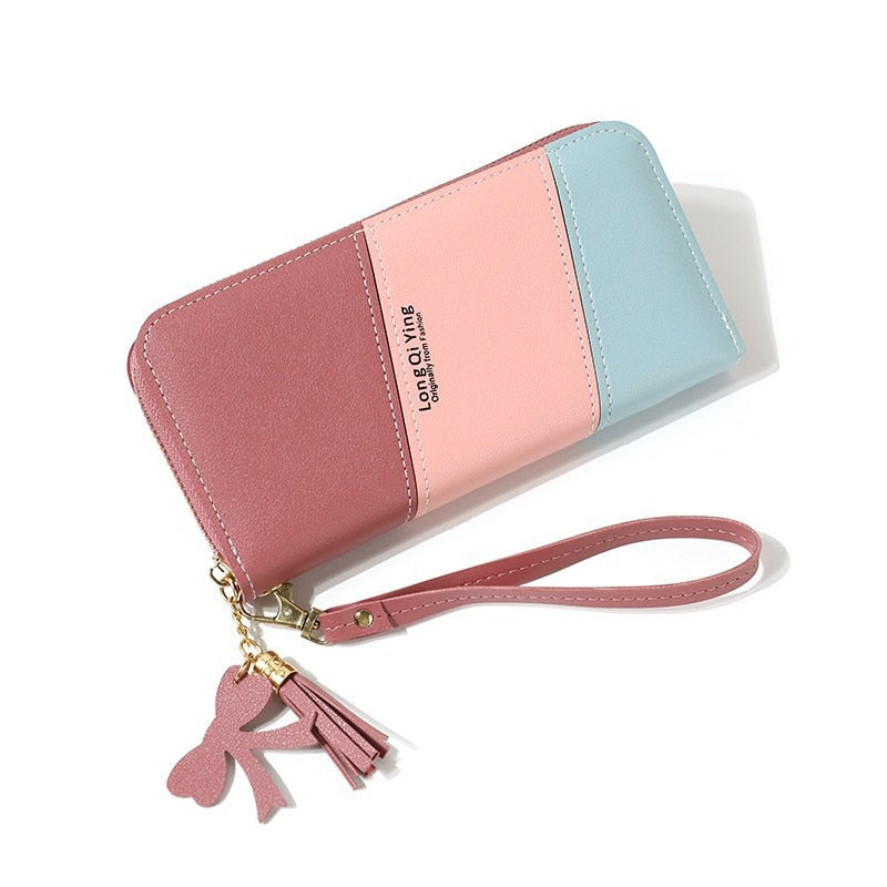Women Long Three Color Patchwork Wallets Female Hit Color Tassel Zipper Coin Purses Fashion Card Holder Clutch Phone Bag