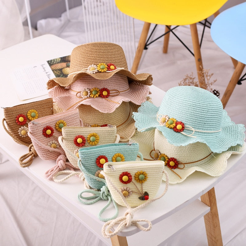 Kids Girls Large Wide Brim Straw Woven Sun Protection Beach Hat Colorful Flowers Summer Floppy Bucket Cap Portable Mini Handbag