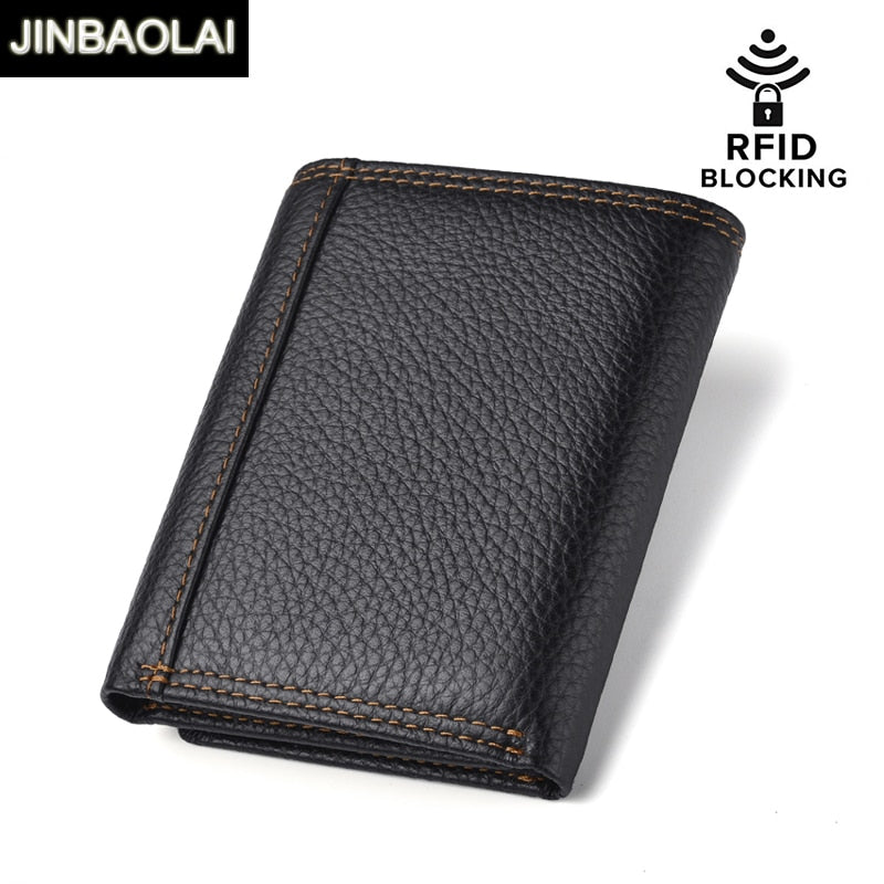 JINBAOLAI New 100% Genuine Leather Men Wallet Coin Purse RFID Blocking Wallet Men Trifold Multi-Card Card Holder Wallets Male