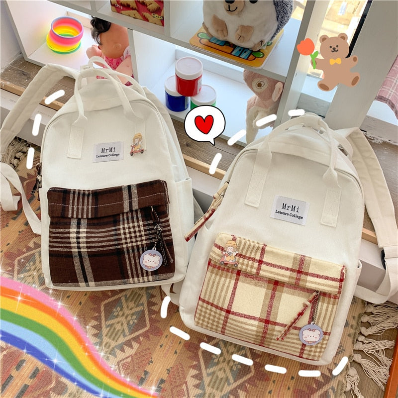 Female Canvas Backpacks for School Teenagers Girls Small Fresh Plaid School Bag Kawaii Bookbag Korean College New Mochilas