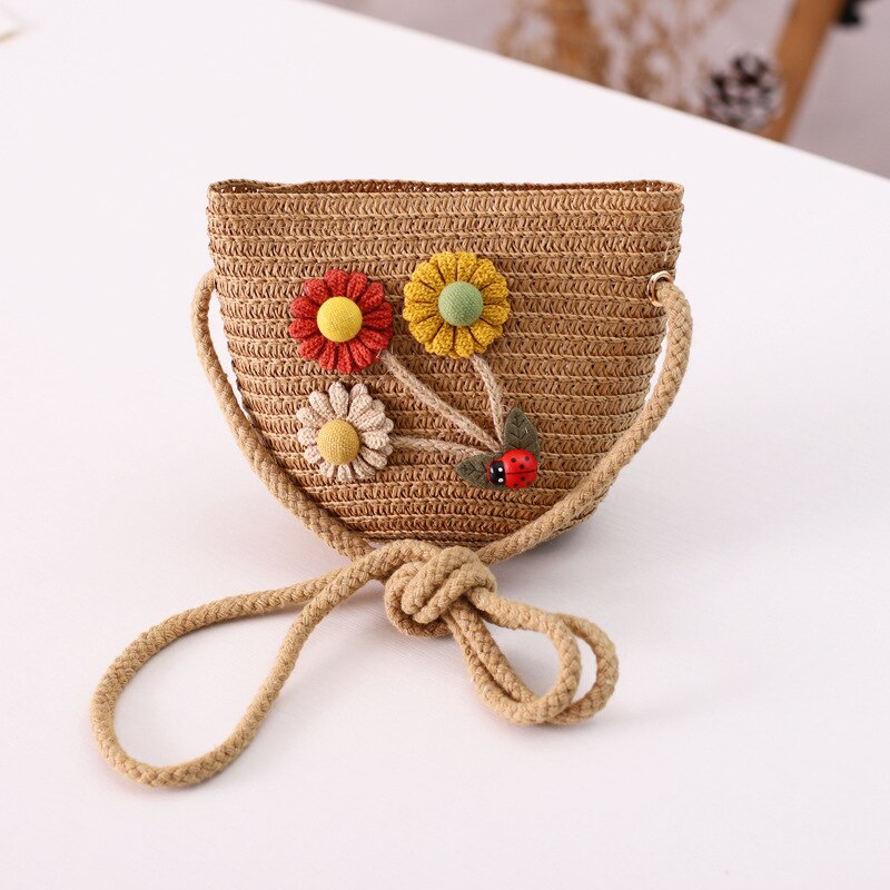 Kids Girls Large Wide Brim Straw Woven Sun Protection Beach Hat Colorful Flowers Summer Floppy Bucket Cap Portable Mini Handbag