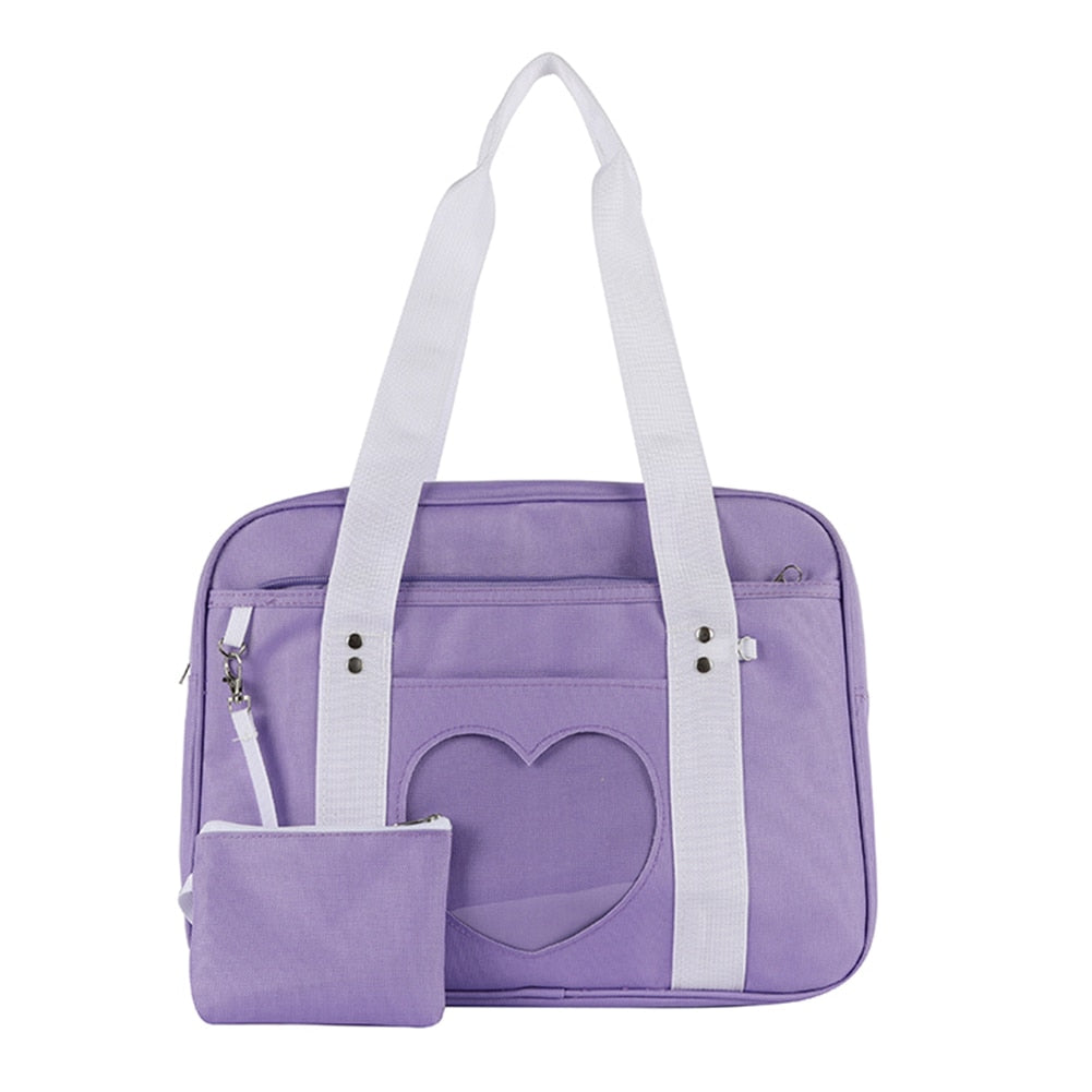 Fashion Cute Women Transparent Love Heart Patchwork Canvas Shoulder Bags Casual Ladies Large Capacity Travel Handbags Totes