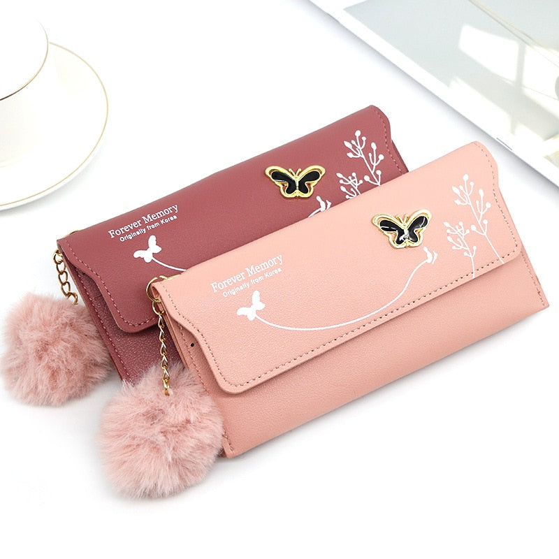 Fashionable New Women Long Wallets Pure Color Wool Ball Bow Clutch Bag Women's Long Bag Card Bag Coin Purse