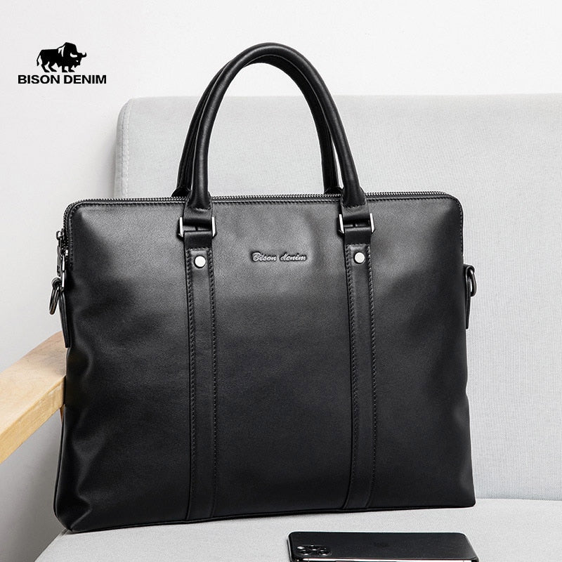 BISON DENIM Genuine Leather Men Handbags Casual Laptop Bag Male Business Messenger Bags Men's Crossbody Shoulder Bag N20082-3B