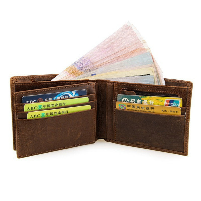 GENODERN Patchwork Style Cow Leather Male Purse Short Wallet for Men Genuine Leather Wallets Brown Male Purses Men Wallets