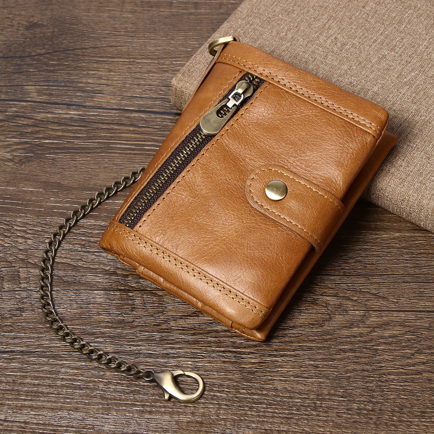 Leather Men Wallet with Anti-Theft Chain,Genuine Leather RFID Bifold Wallets Multifunctional Card Holder Minimalist Purse Zipper