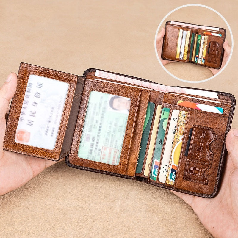 New Genuine Leather Rfid Wallets for Men Vintage Thin Short Multi Function ID Credit Card Holder Money Bag