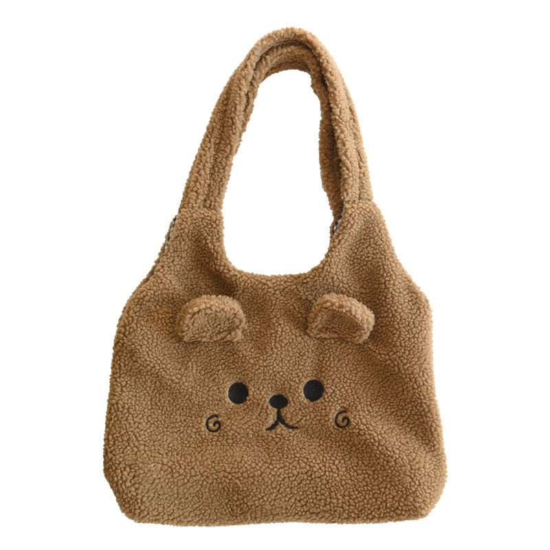 New Winter Soft Plush Tote Bag Women Cartoon Embroidery Imitation Lamb Hair Shoulder Bag For Women Shopper Bag Bolsa