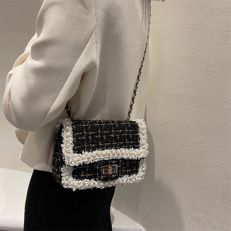 Autumn winter fashion pearls decorative plaid tweed female shoulder messenger small bags design for ladies crossbody bags