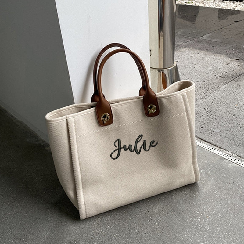 Personalized Embroidery Tote Canvas Women Bag Custom Name White Portable Handbag Simple Versatile Large Capacity Bag Shoper bag
