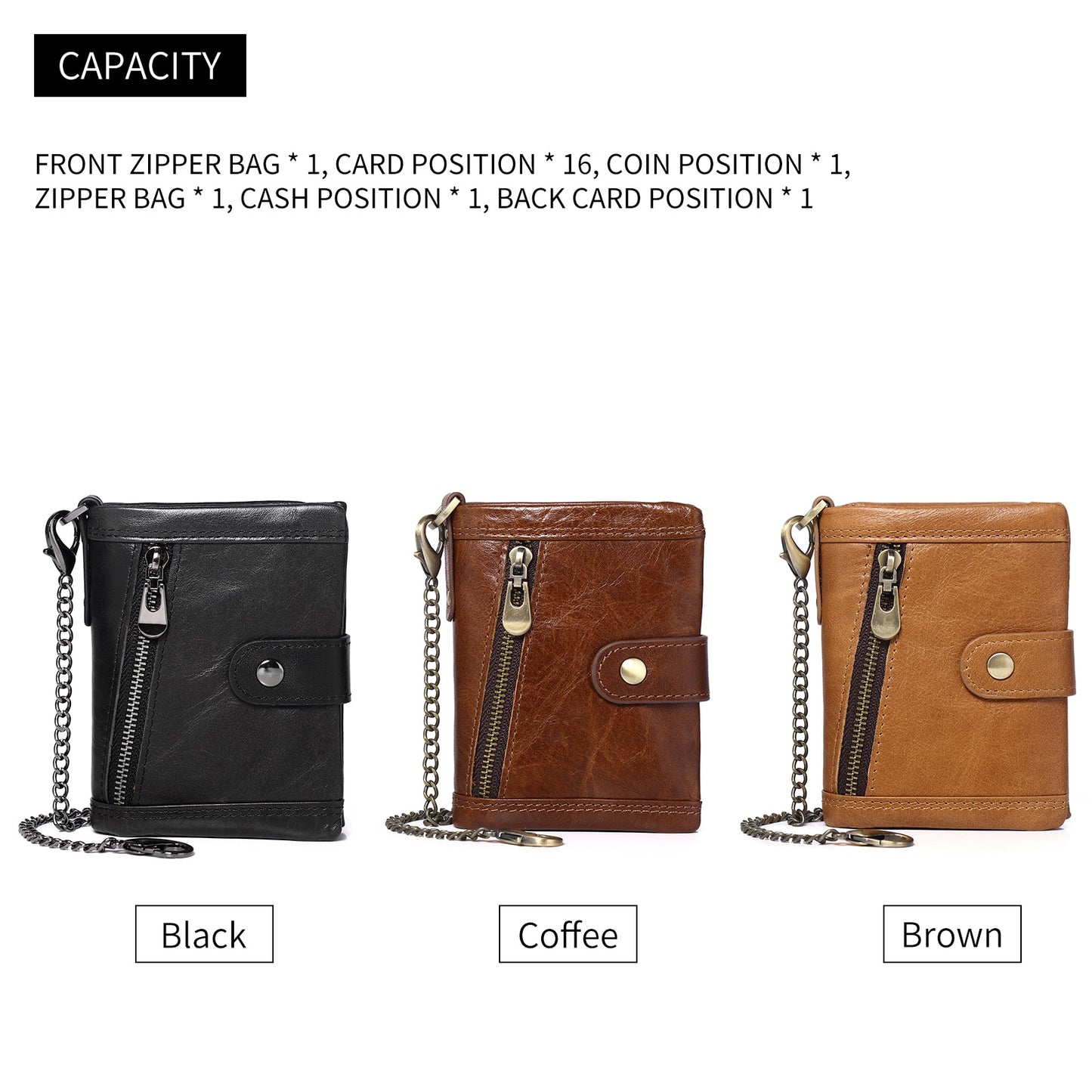 Leather Men Wallet with Anti-Theft Chain,Genuine Leather RFID Bifold Wallets Multifunctional Card Holder Minimalist Purse Zipper