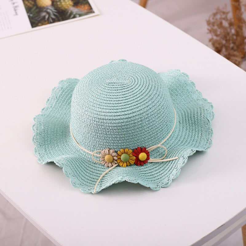 Kids Girls Large Wide Brim Straw Woven Sun Protection Beach Hat Colorful Flowers Summer Floppy Bucket Cap Portable Mini Handbag