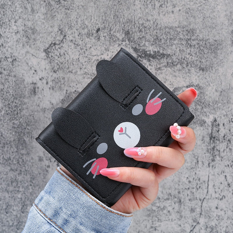 Short Wallets Student Cute Cartoom Purses Women Fashion Pattern Women's Mini Solid Color Tri-fold Student Wallet Card Holder