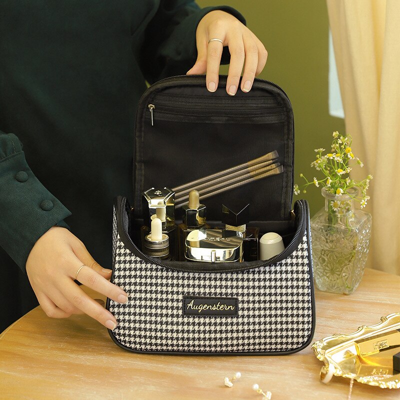 New PU Houndstooth Cosmetic Bag Women Portable Toiletry Makeup Case Travel Large Capacity Wash Storage Pouch Organizer Box