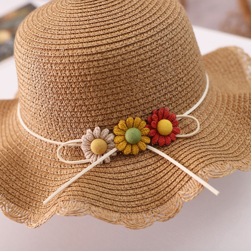 Kids Girls Large Wide Brim Straw Woven Sun Protection Beach Hat Colorful Flowers Summer Floppy Bucket Cap Portable Mini Handbag