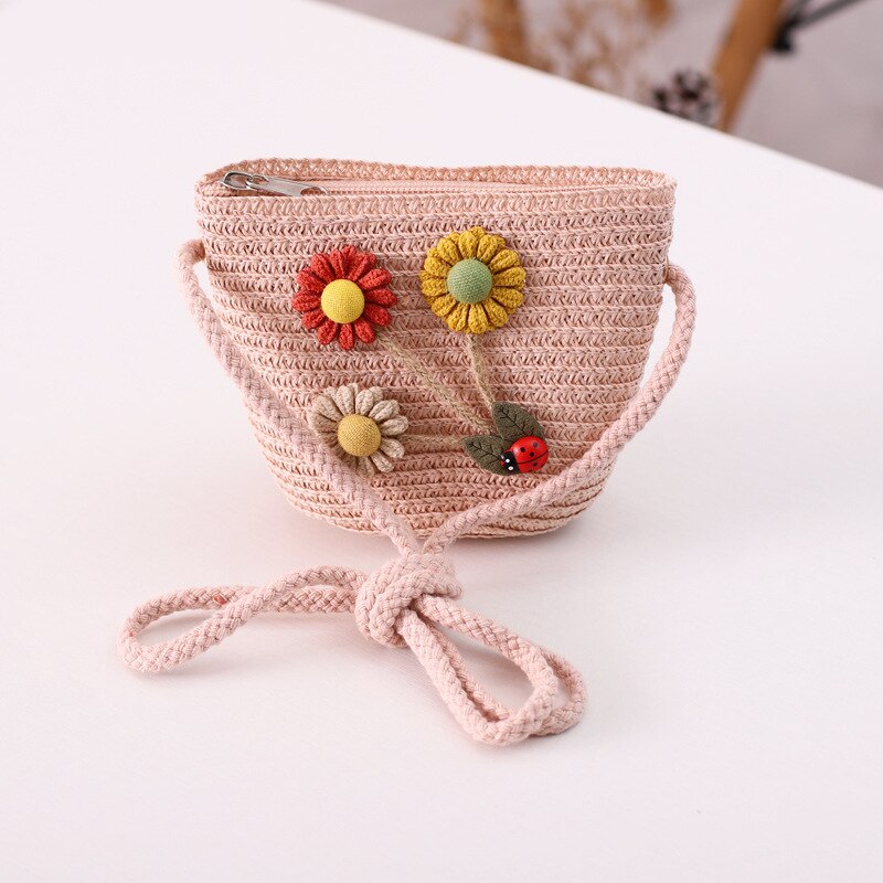 Kids Girls Large Wide Brim Straw Woven Sun Protection Beach Hat Colorful Flowers Summer Floppy Bucket Cap Portable Mini Handbag