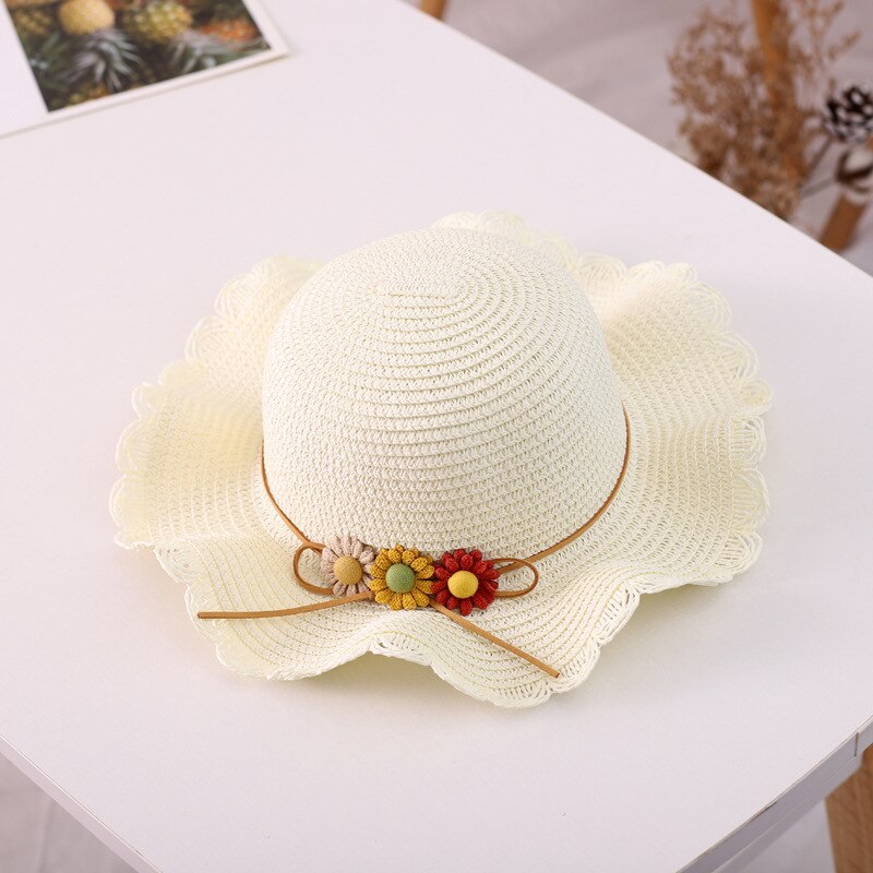 Kids Girls Large Wide Brim Straw Woven Sun Protection Beach Hat Colorful Flowers Summer Floppy Bucket Cap Portable Mini Handbag