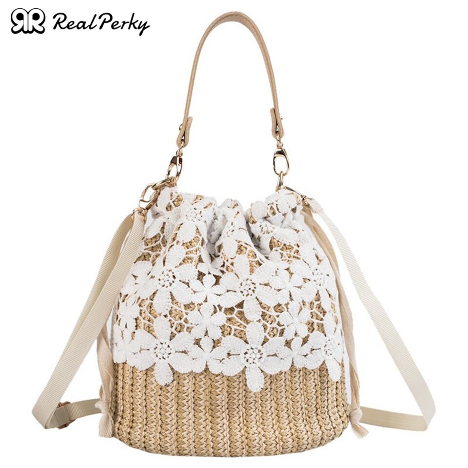 Summer Lace Woven Shoulder Fashion Bucket Women'S Bag