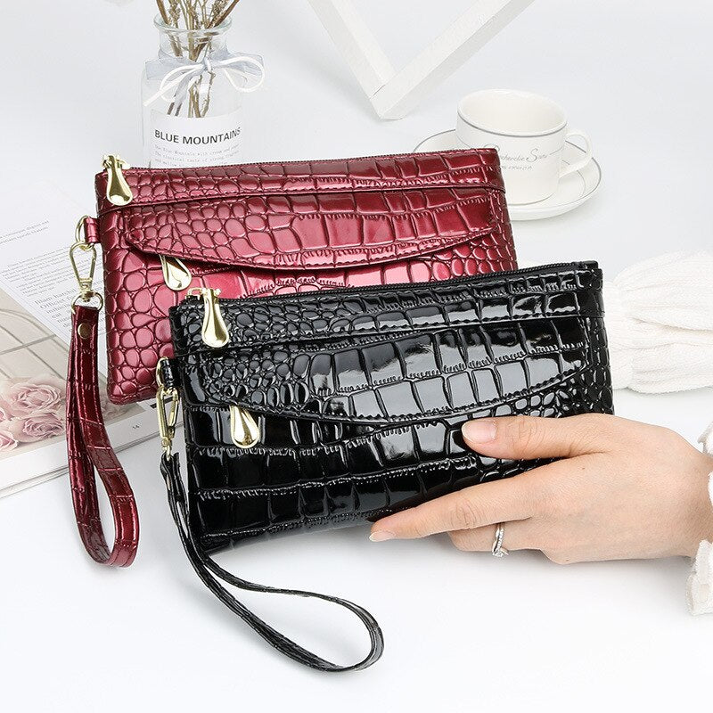 Red Black Leather Clutch Purse Women's Wallets Fallow Long Ladies Double Zipper Wallet Clutch Bag Party Design Crocodile Purses