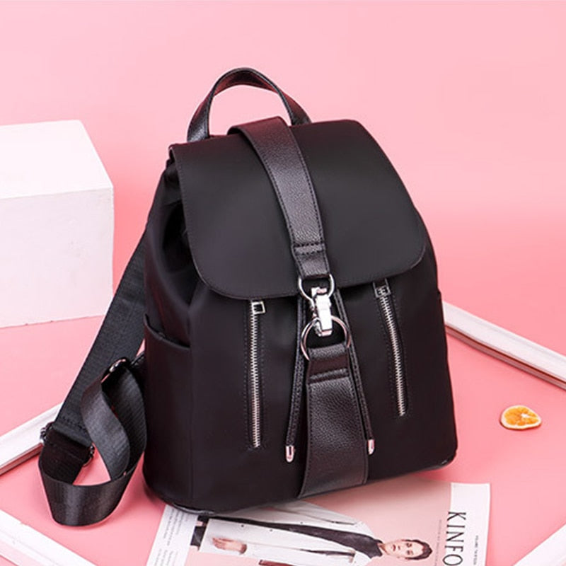 Simple Trending Solid Color Nylon Women's Backpacks Casual Large Capacity Design Black School Bags for Teenager