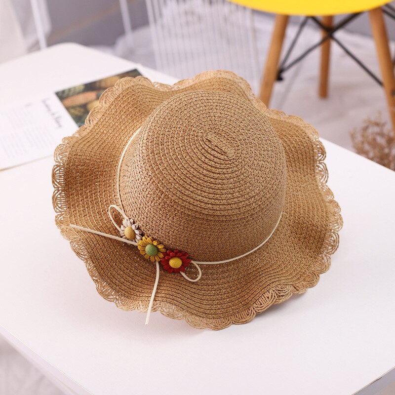 Kids Girls Large Wide Brim Straw Woven Sun Protection Beach Hat Colorful Flowers Summer Floppy Bucket Cap Portable Mini Handbag