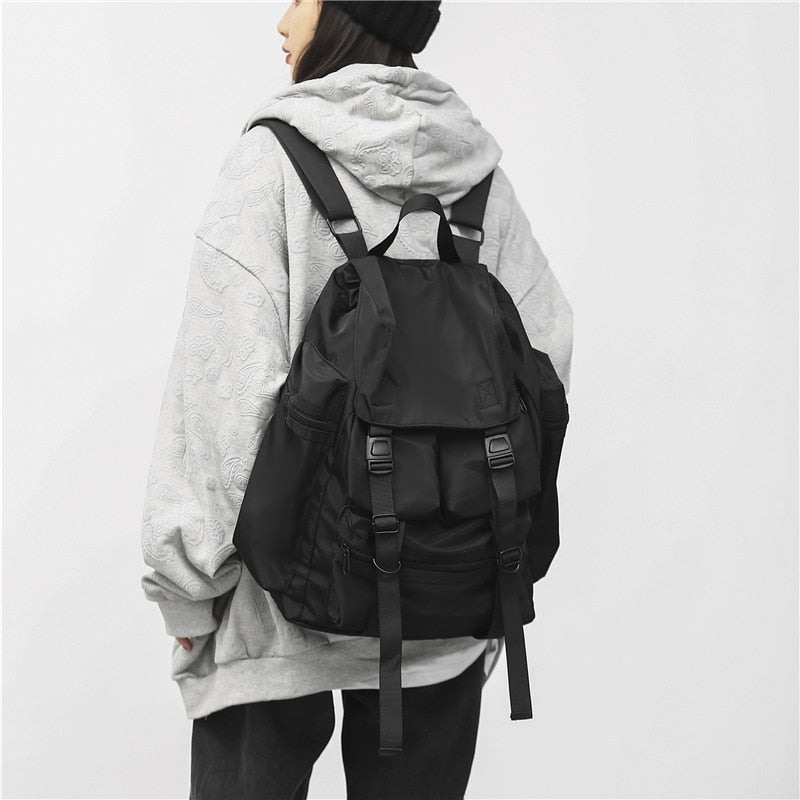 Solid Black Men's Backpacks Cool Streetwear Style Man Backpack Harajuku Large Capacity School Bags Waterproof Nylon Bags for Men