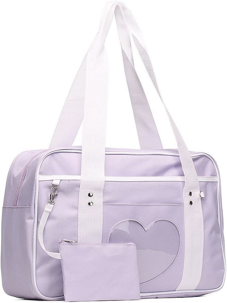 Fashion Cute Women Transparent Love Heart Patchwork Canvas Shoulder Bags Casual Ladies Large Capacity Travel Handbags Totes