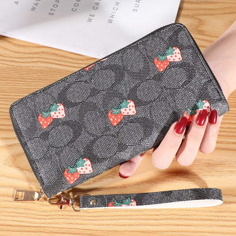 Strawberry Print Wrist Wallets Zipper Coin Long Purse Handbag Women Clutch PU Leather Moneybag Billfold Phone Card Holder Wallet