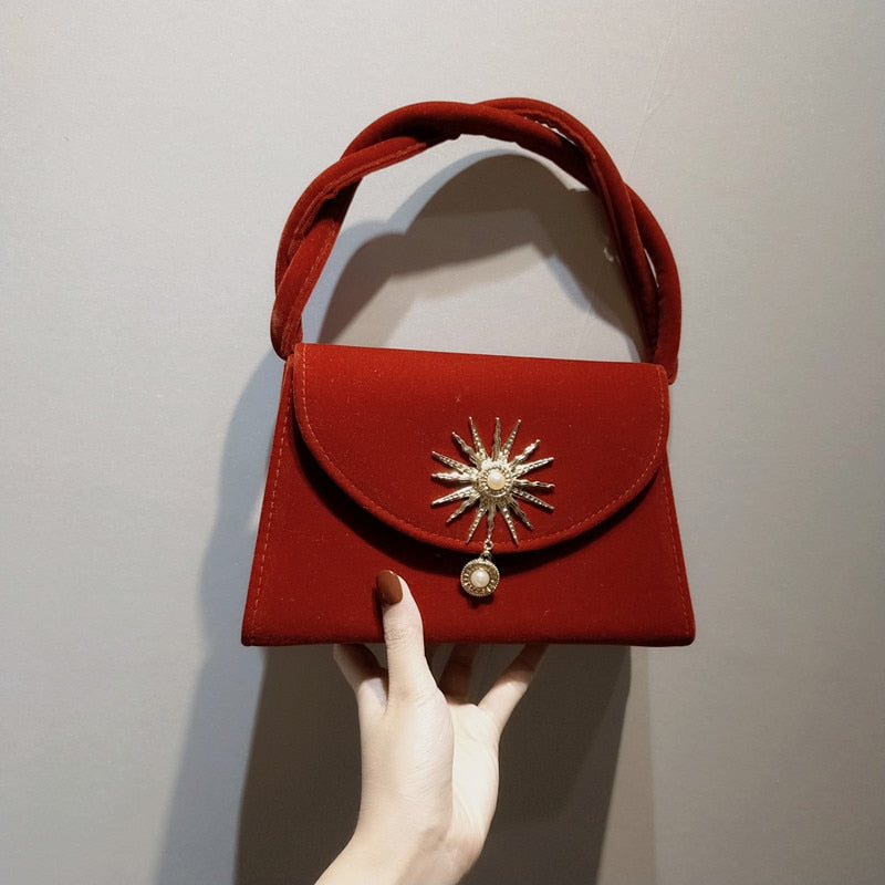 Velvet Portable Retro Small Square Bag Handbag Cross Bag Small Bag Shoulder Bag With Bag Banquet Women's Bag Purse