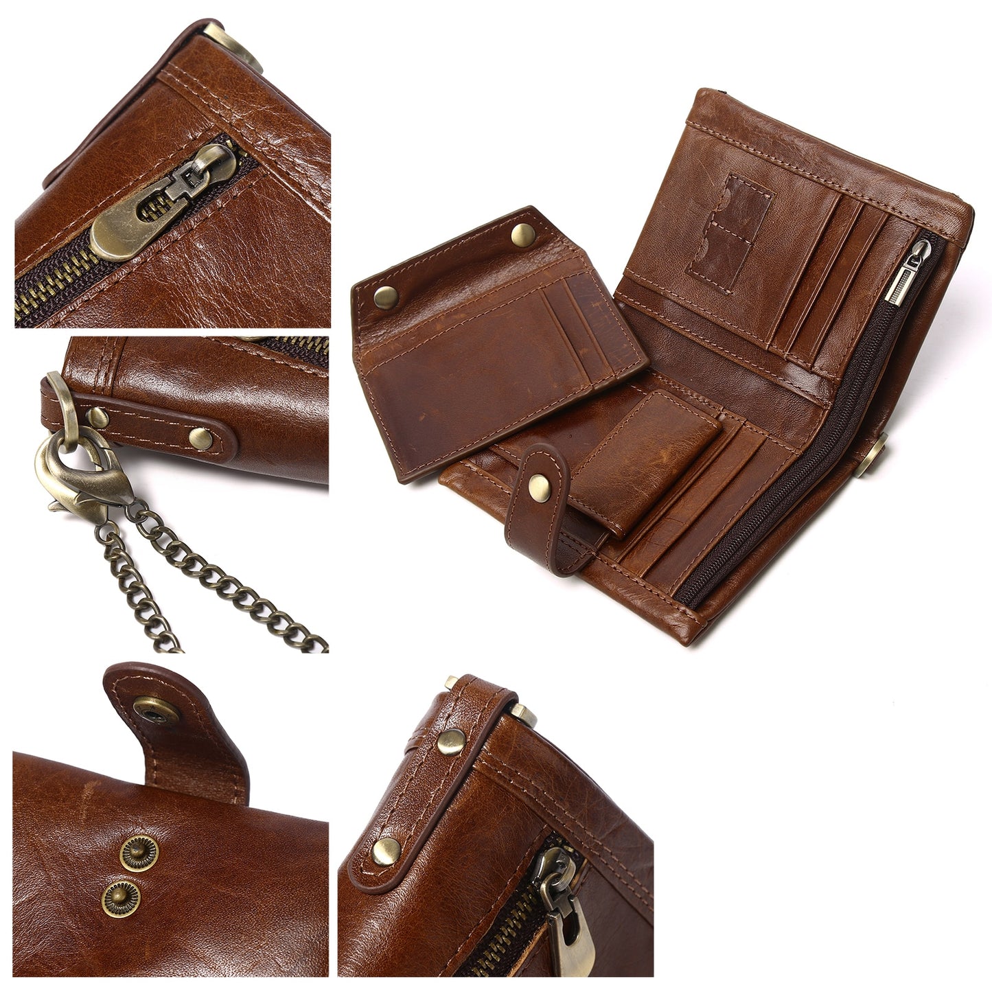 Leather Men Wallet with Anti-Theft Chain,Genuine Leather RFID Bifold Wallets Multifunctional Card Holder Minimalist Purse Zipper