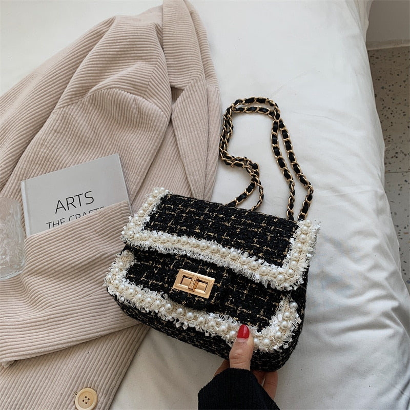 Autumn winter fashion pearls decorative plaid tweed female shoulder messenger small bags design for ladies crossbody bags