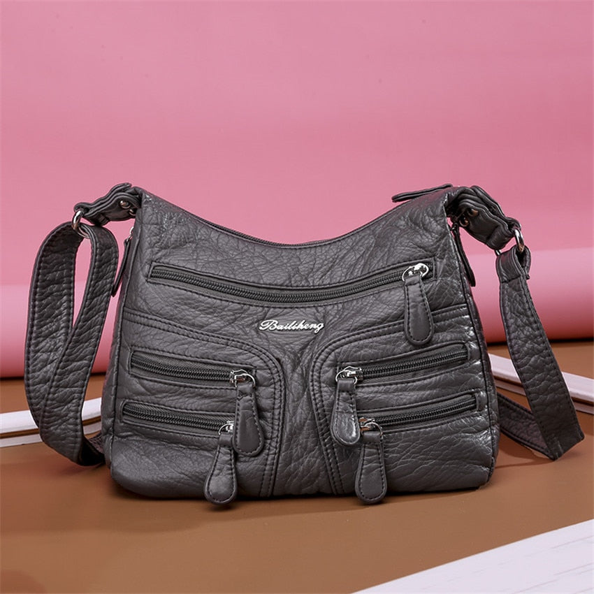 Small Soft Shoulder Bag Casual Women Bag Wash White Leather Crossbody Adjustable Multi-pocket Ladies Pocket Bolsa De Ombro New