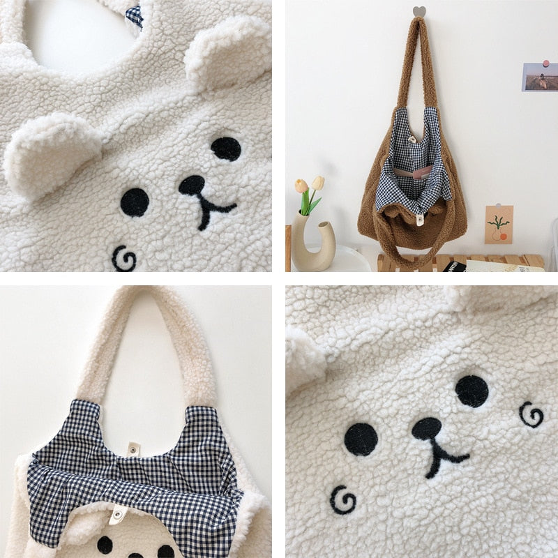 New Winter Soft Plush Tote Bag Women Cartoon Embroidery Imitation Lamb Hair Shoulder Bag For Women Shopper Bag Bolsa