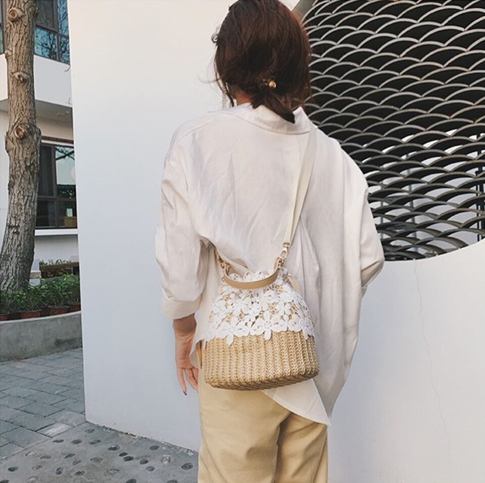Summer Lace Woven Shoulder Fashion Bucket Women'S Bag