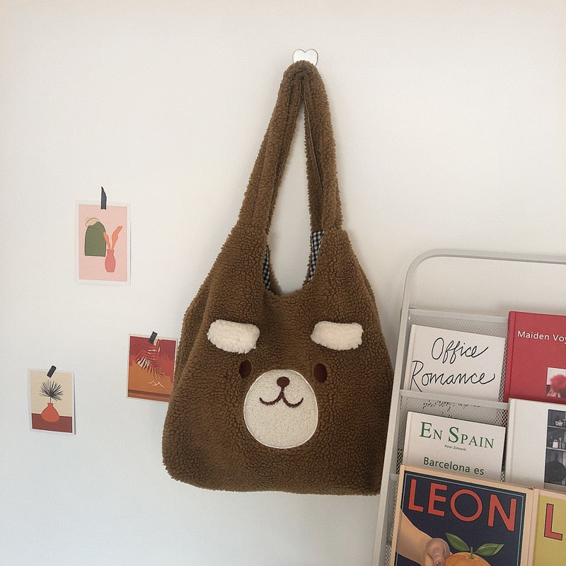 New Winter Soft Plush Tote Bag Women Cartoon Embroidery Imitation Lamb Hair Shoulder Bag For Women Shopper Bag Bolsa