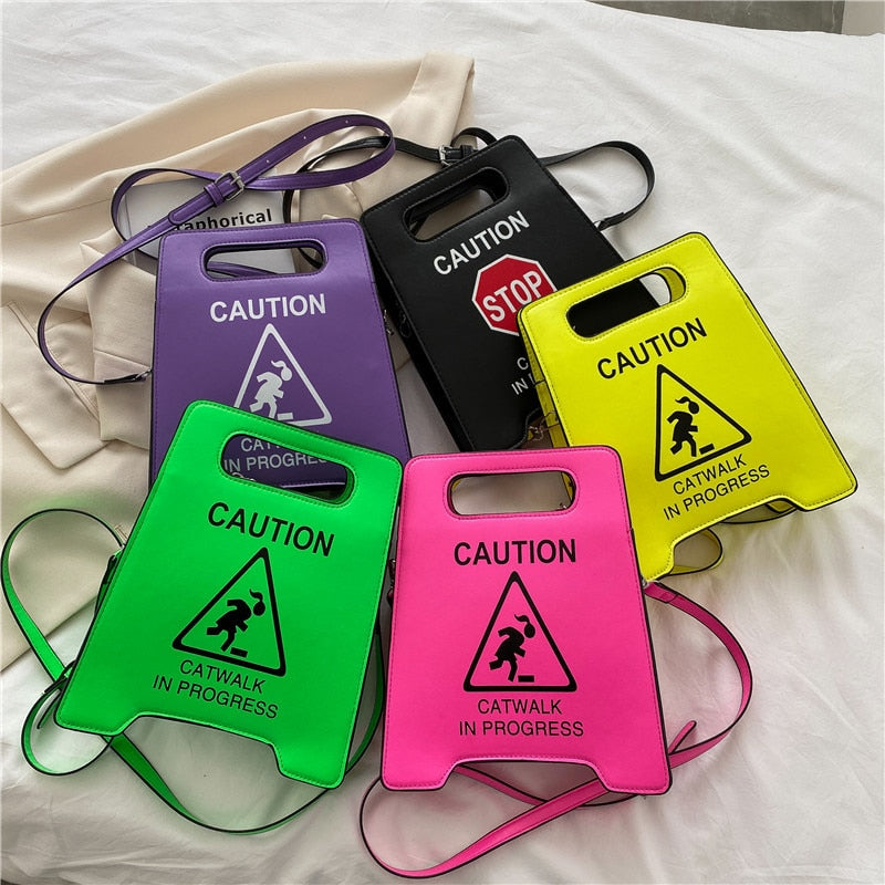 Young Girl Crossbody Bag Creative Caution Letters Sign Handbag Cute Fluorescence Color Shoulder Bags For Women Clutches