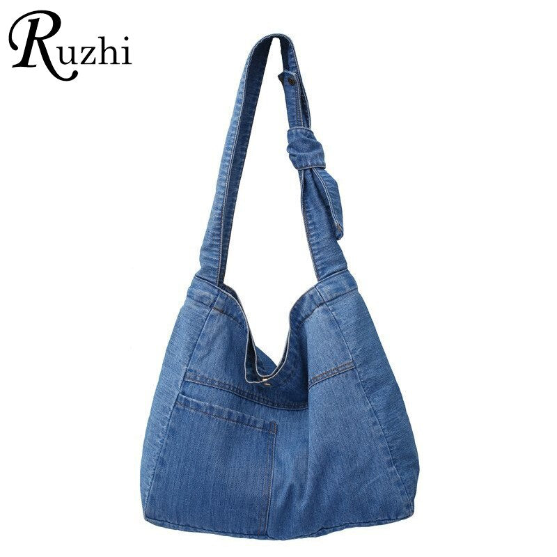Large Capacity Canvas Shoulder Bags For Women Solid Fashion Fold Female Handbag Jean Big Shopping Eco Bag Denim Crossbody Bags