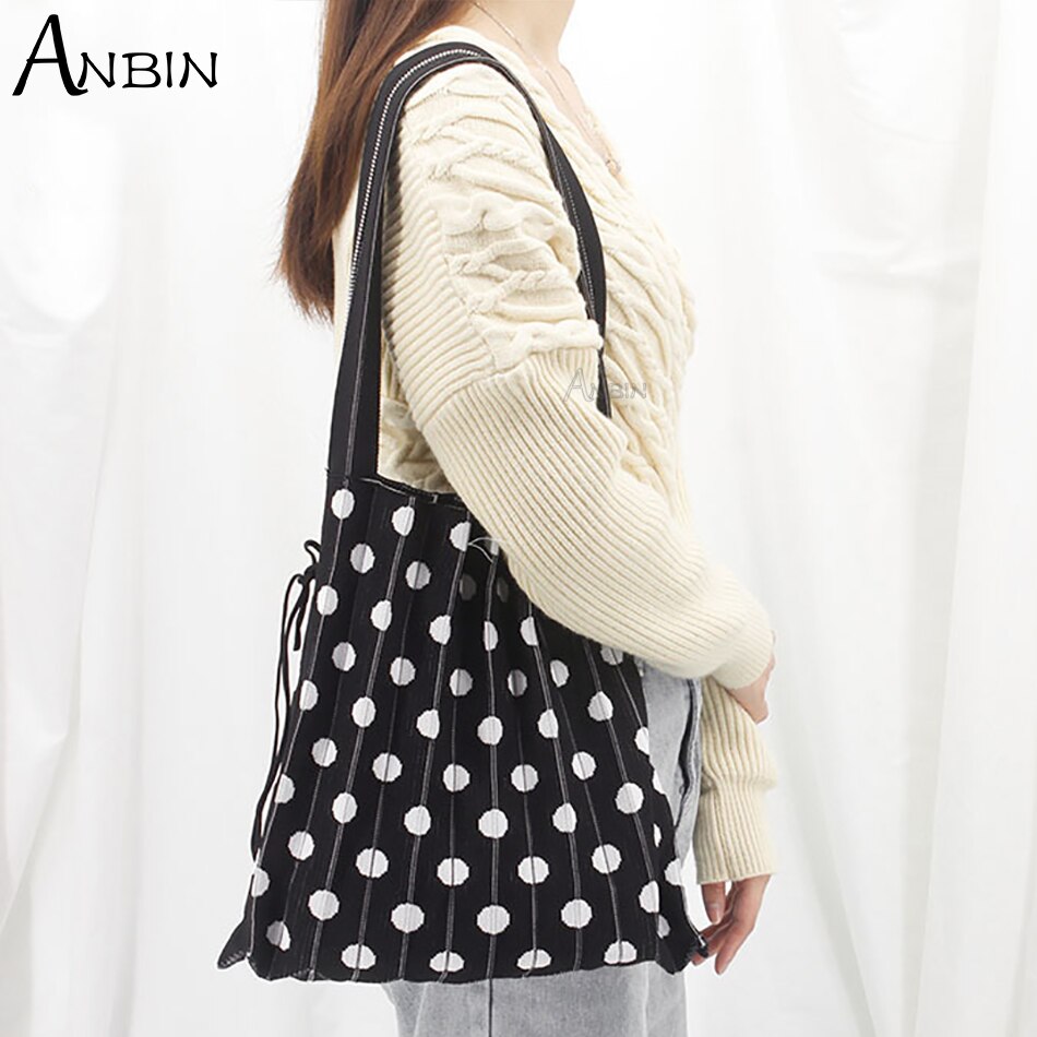 Women's Polka Dot Pleated Bag Folded Contrast Color Wool Knit Female Fashion Shoulder Handbag Organ Large Capacity Shopping Tote