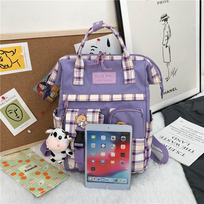 Vintage Casual Women Plaid Purple Backpacks New Fashion Black Cow Pattern Travel Bag for Teenager Girls Backpack School Bag