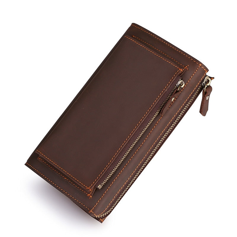 Crazy Horse Leather Men's Wallets Long Genuine Leather Business Men's Clutch Zipper Large Capacity Hand Bag Man Cell Phone Purse