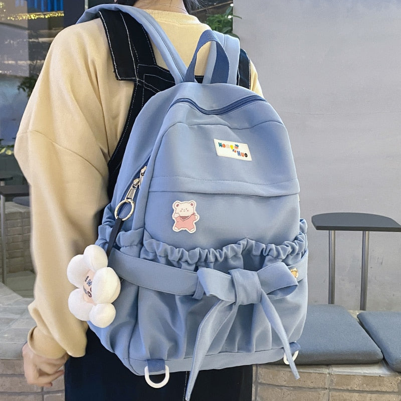 Fashion Kawaii Bow Waterproof Female Laptop Backpack Ladies Nylon College Backpack Trendy Women School Bag Girl Travel Cute Bags