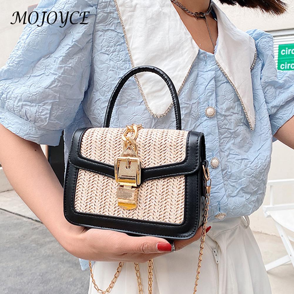 Retro Women Bag Woven PU Stitching Messenger Casual Ladies Beach Chain Handbag Summer Beach Bag Rattan Tote Square Box