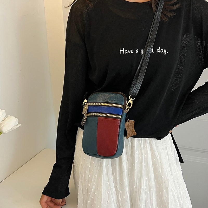 100% Genuine Leather Women Shoulder Bag Multi Zipper Soft Cowhide Girls Small Mobile Phone bag Color Stitching Color Random