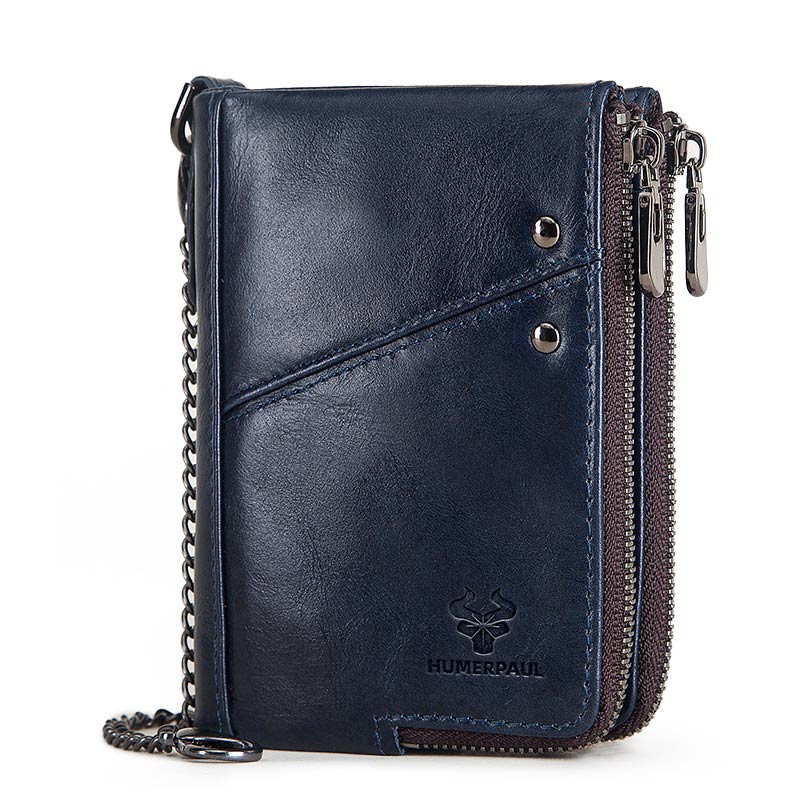 RFID Blocking Men's Wallets With Chain High Quality Cowhide Zipper Coin Pocket Card Holder Anti-Theft Chain Clutch Money Bag