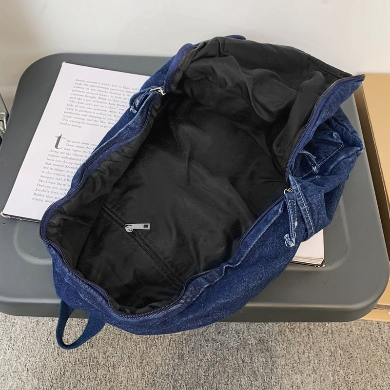 Female Casual Denim Big Capacity Backpack Back To School 90s Fashion Y2K Travel Casual Street Cloth Textile Book Laptop Rucksack