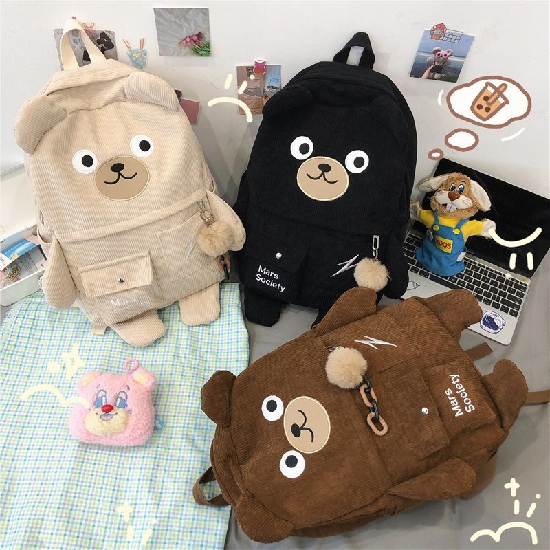 Japanese Corduroy Bear Backpacks for Cute Women Multi-pockets School Bags Large Capacity Backpack Teenger Girls Schoolbag Female