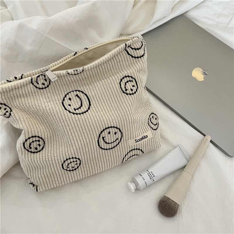 Japanese Style Corduroy Cosmetic Bag Women Handbags Purses Smile&Dots Makeup Organizer Storage Makeup Bag Girls Pencil Case Bags